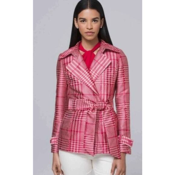 NWT WHBM Pink Houndstooth Satin Belted Trench Coat Size M - Picture 2 of 11